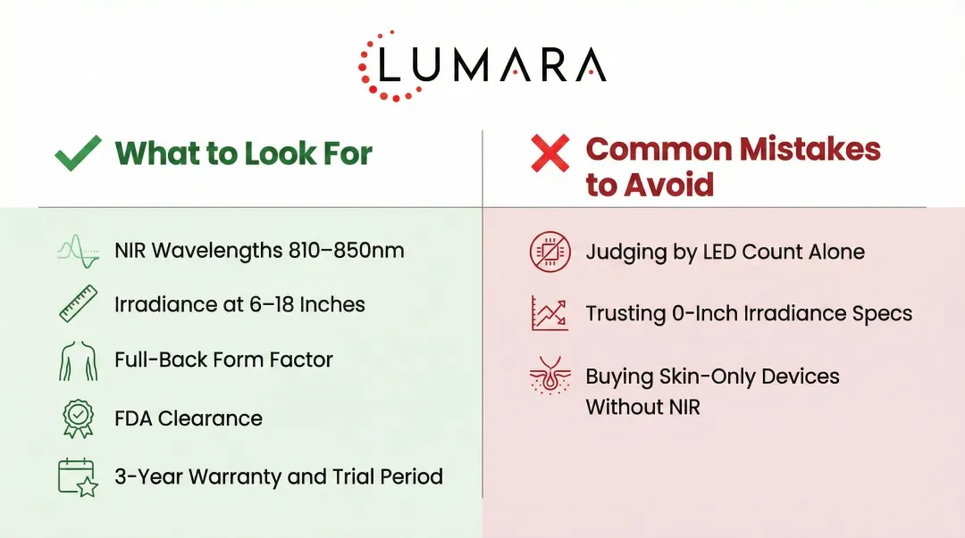 Red light therapy device buying criteria checklist versus common buyer mistakes comparison