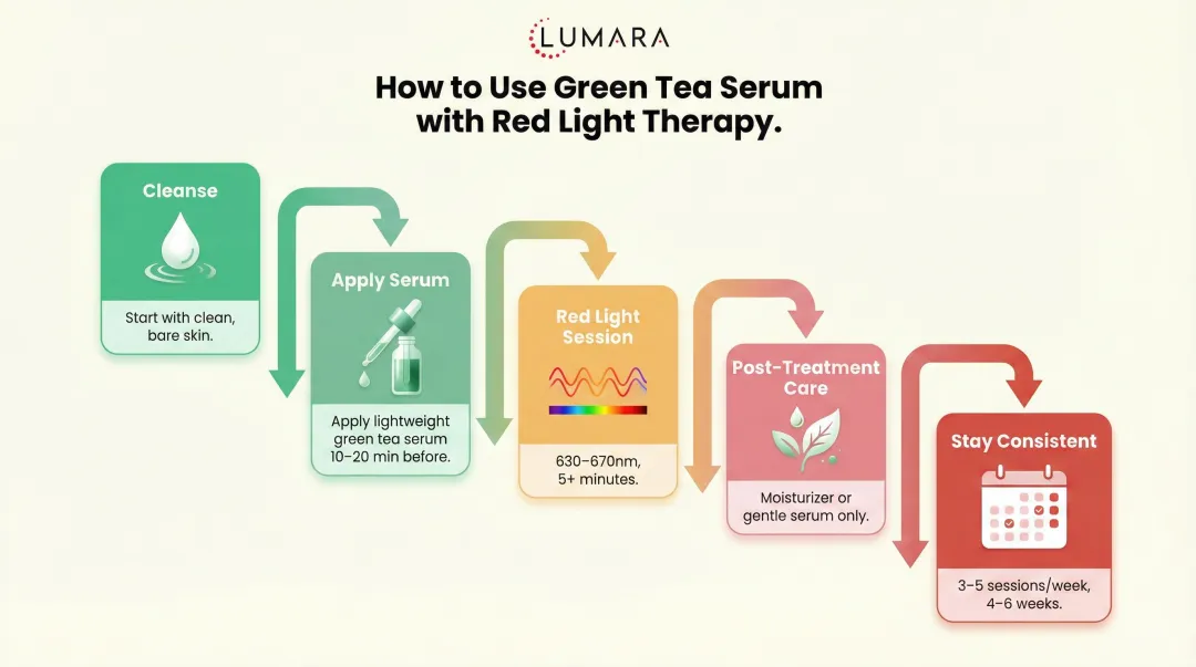 5-step green tea serum and red light therapy protocol process flow infographic
