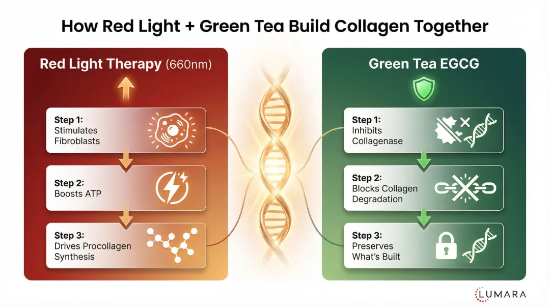 Dual collagen mechanism infographic red light builds green tea protects breakdown