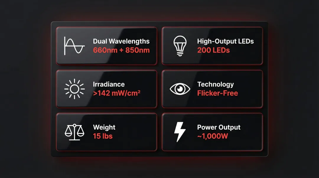 Bon Charge Red Light Panel key technical specifications overview infographic