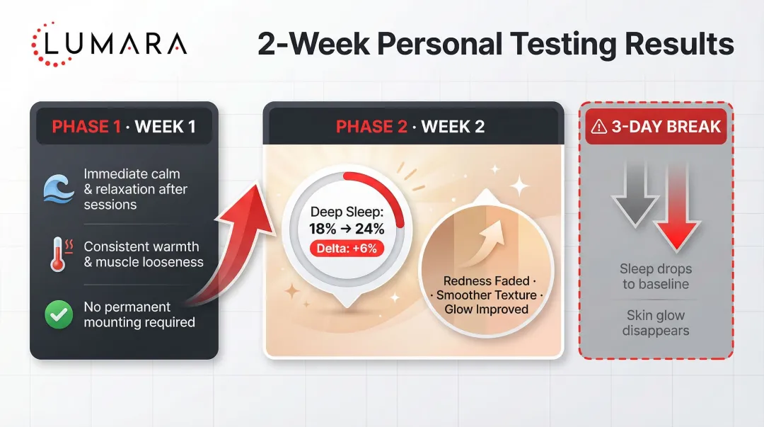 2-week red light therapy results timeline showing sleep and skin improvements