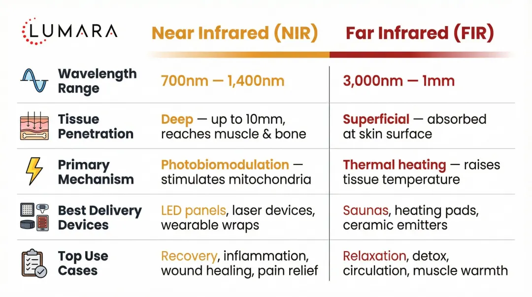 Near infrared versus far infrared light therapy five-factor side-by-side comparison chart