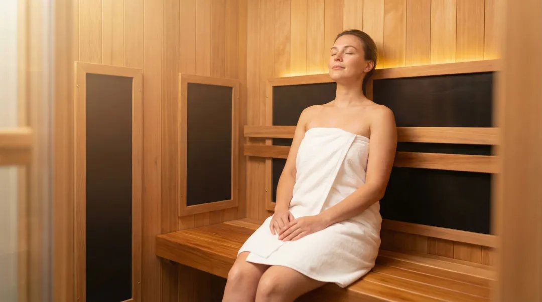 Person relaxing inside far infrared sauna during full-body heat therapy session
