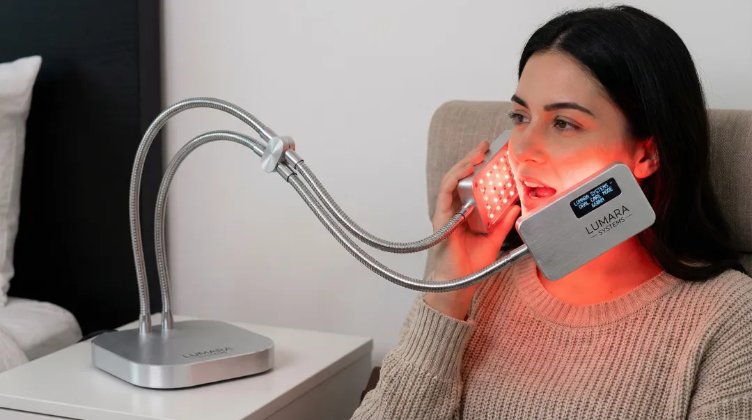 Lumara Systems red light therapy panel device positioned for oral canker sore treatment