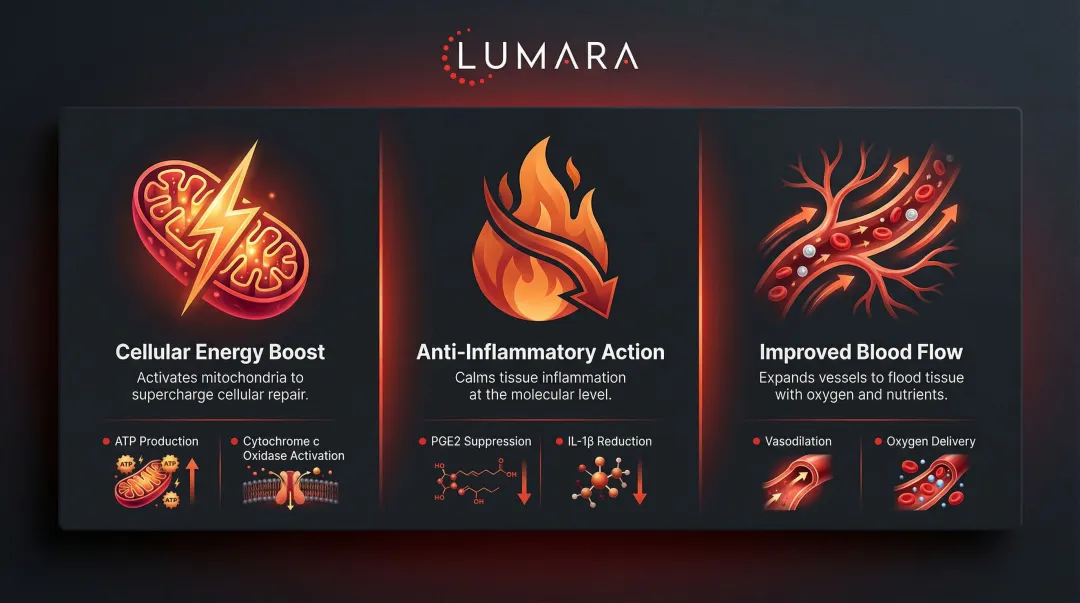 Three mechanisms of red light therapy on oral tissue healing infographic