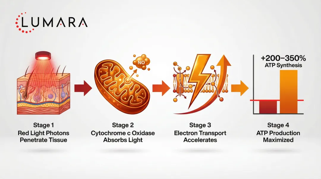 Photobiomodulation cellular mechanism showing ATP production and mitochondrial response