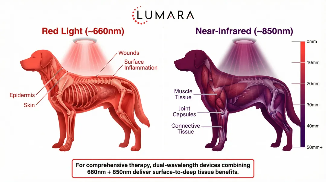 Red light 660nm versus near-infrared 850nm wavelength tissue penetration depth comparison