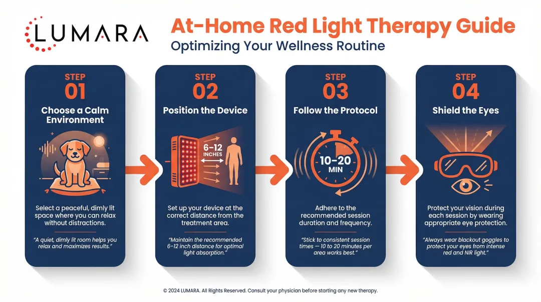 4-step at-home red light therapy session guide for dogs with icons