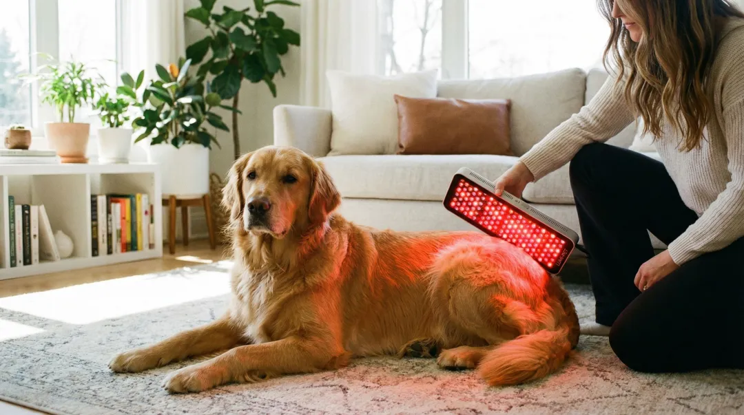 Red light therapy panel device positioned near dog during at-home treatment session