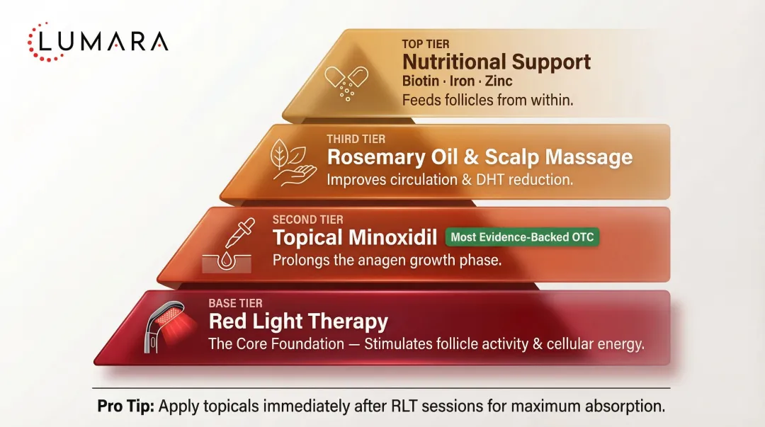Red light therapy hair growth combination treatment stack minoxidil rosemary oil scalp massage infographic