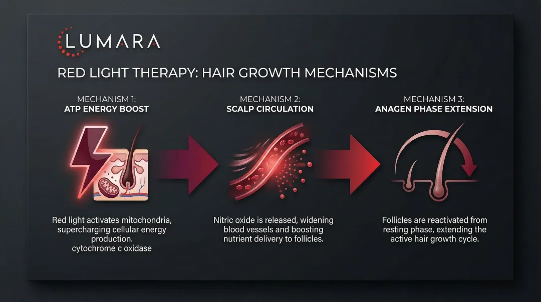 Three red light therapy hair growth mechanisms ATP circulation and follicle cycle infographic