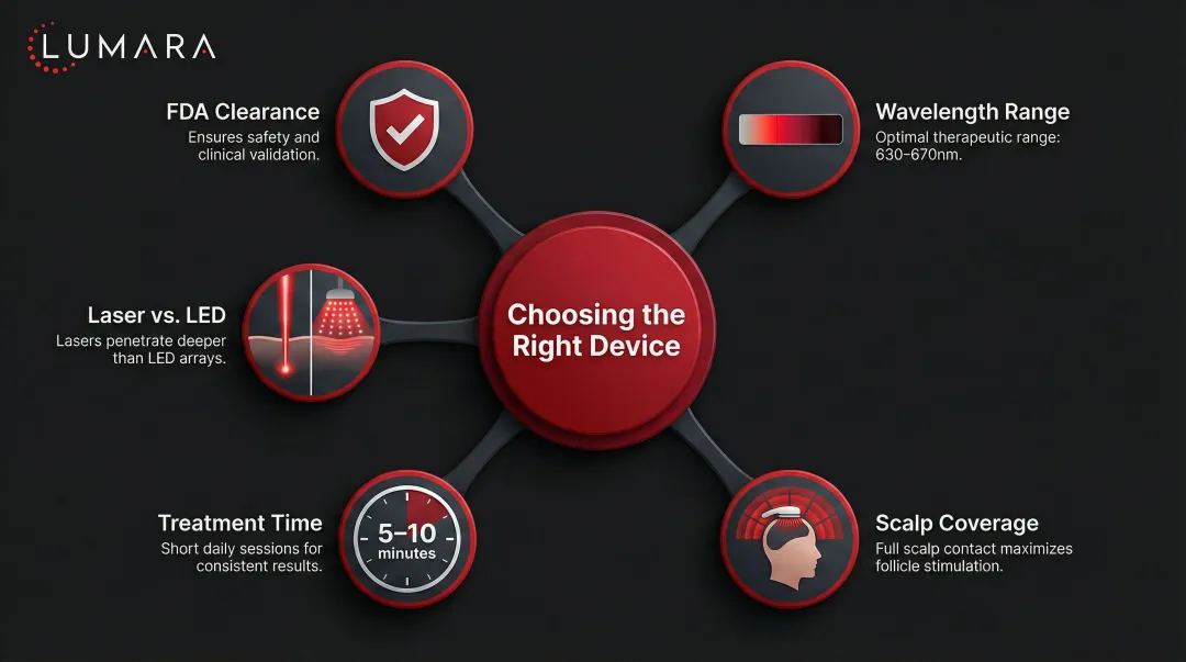 Five key red light therapy device selection criteria wavelength FDA coverage treatment time infographic