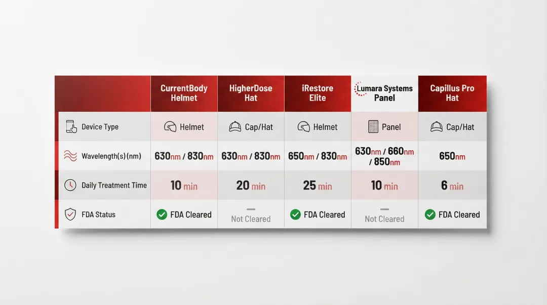 Red light therapy hair growth device comparison chart five products wavelengths and treatment times