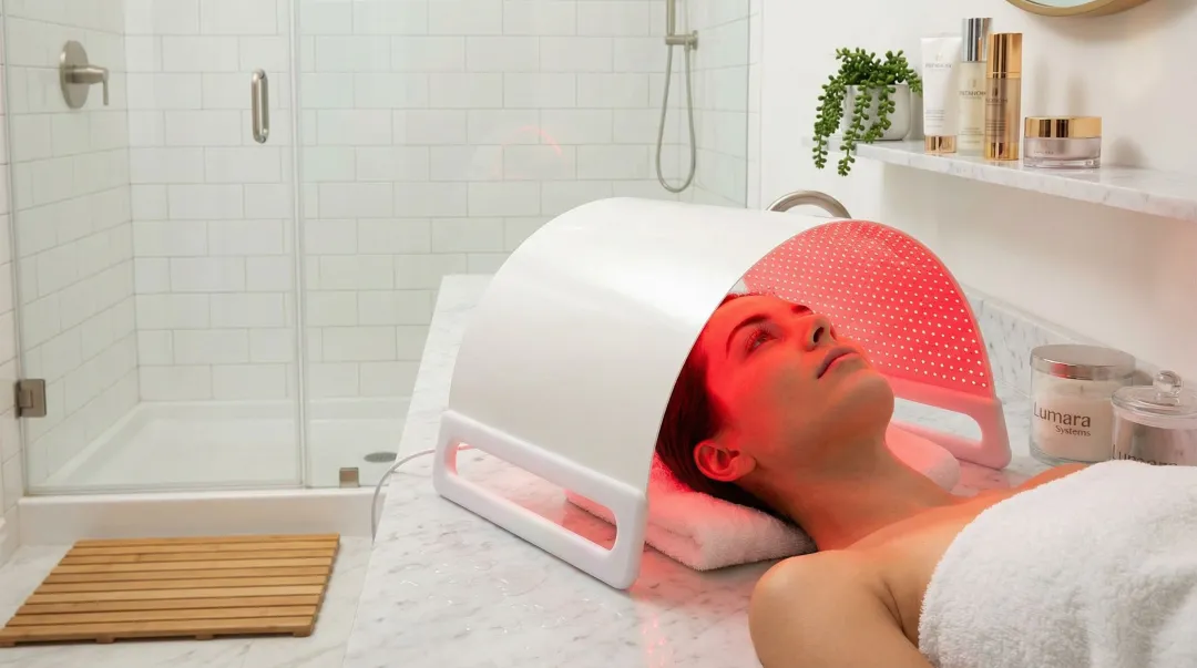 Lumara Systems red light therapy panel in use showing 660nm wavelength treatment