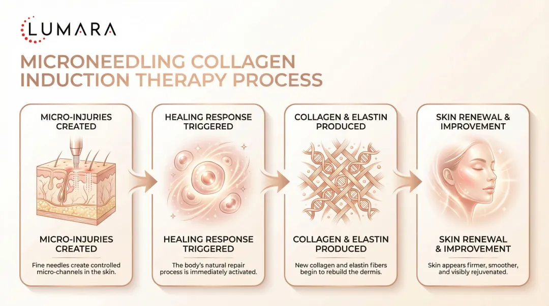 Microneedling collagen induction therapy process showing skin healing stages