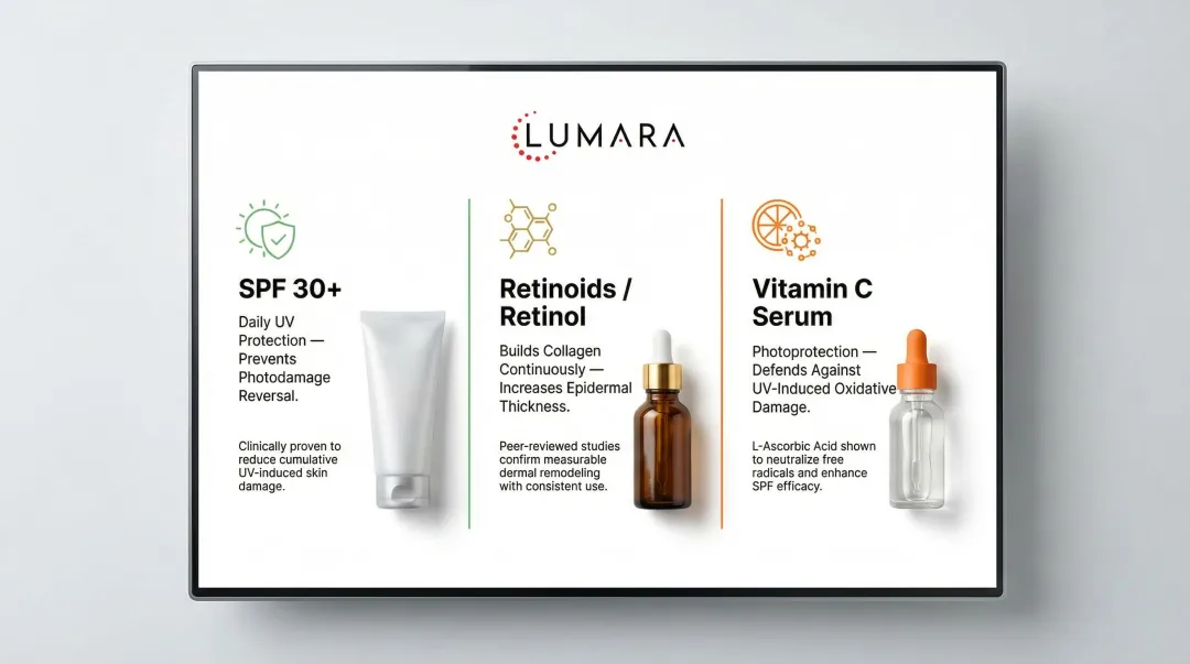 Skin rejuvenation maintenance routine showing SPF retinoids and vitamin C daily skincare steps