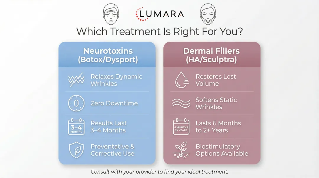Botox versus dermal fillers comparison infographic showing differences in use and longevity