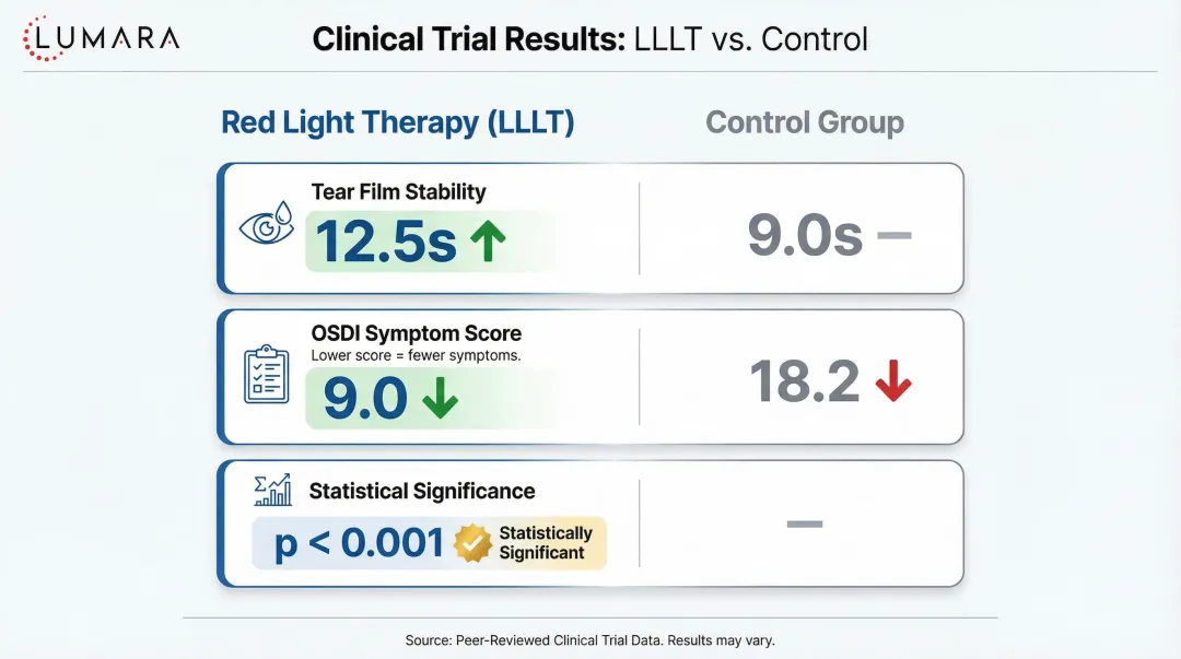 RLT versus control group dry eye outcomes comparison infographic with clinical trial data