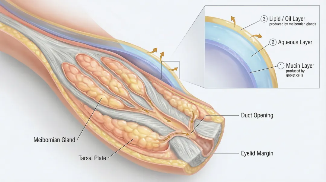 Cross-section diagram of meibomian glands in eyelid and tear film layers
