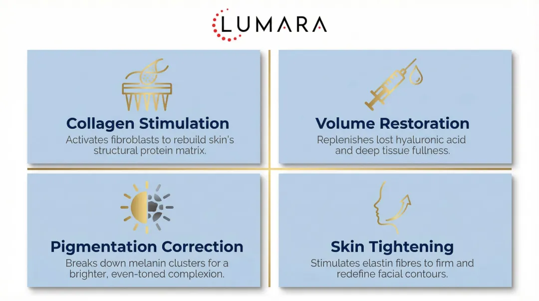 Four facial aging mechanisms targeted by modern rejuvenation treatments infographic
