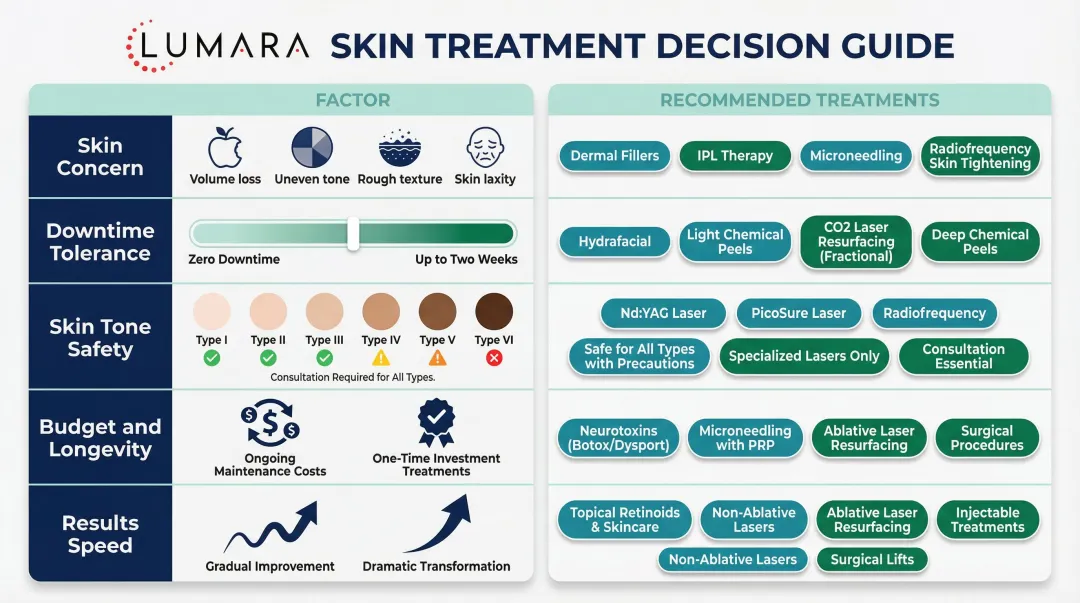 Facial rejuvenation treatment selection guide by skin concern downtime and budget