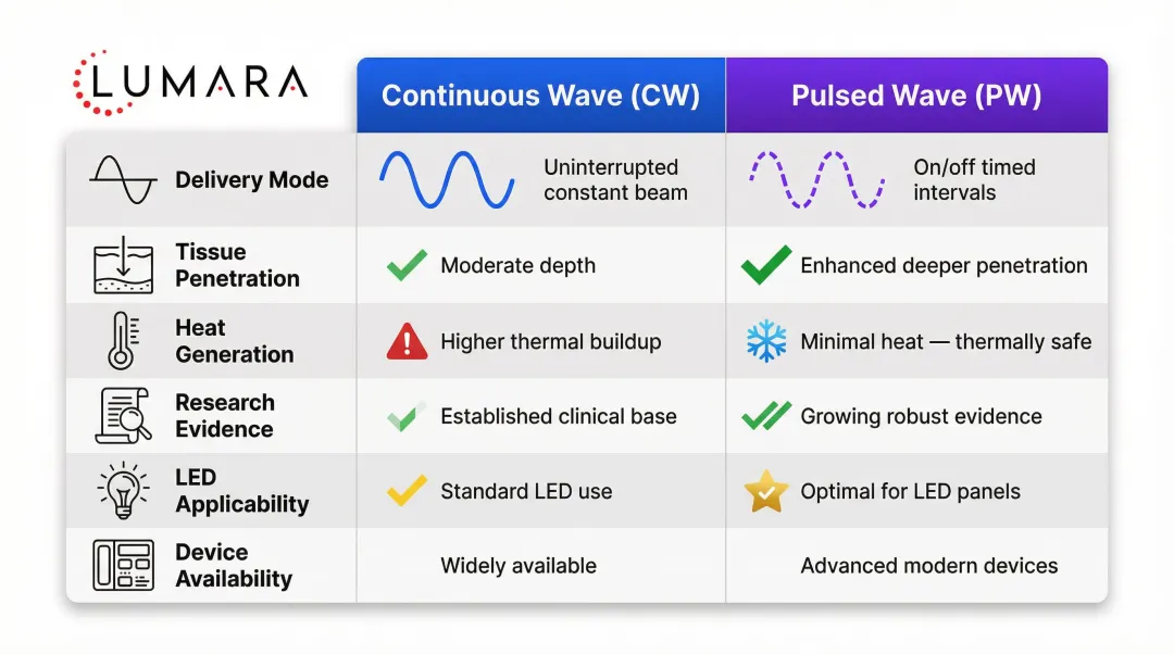 Continuous wave versus pulsed red light therapy six-feature side-by-side comparison infographic