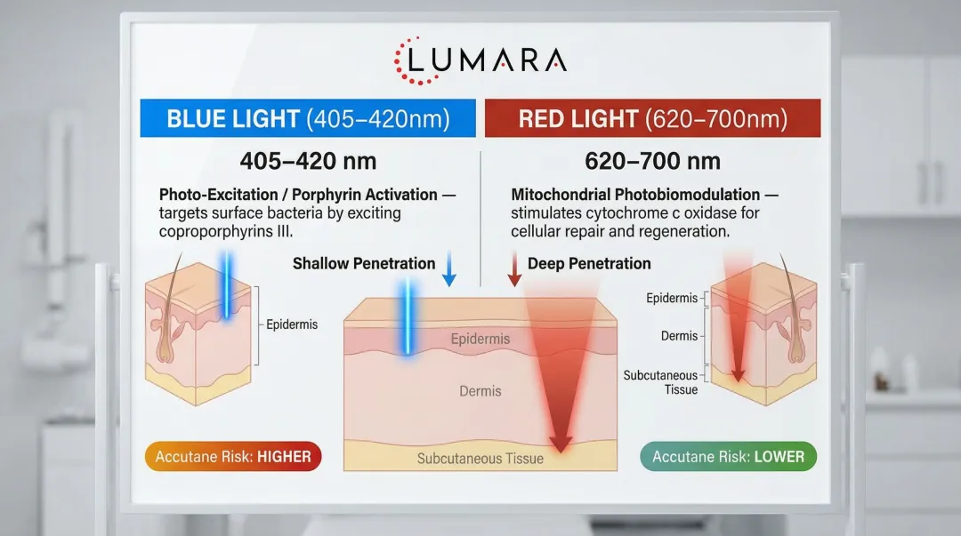 Blue light versus red light therapy mechanism and safety comparison on Accutane