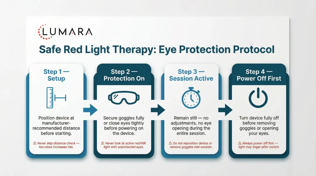 4-step red light therapy session eye safety sequence from setup to shutdown