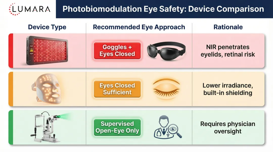 red light therapy eye protection comparison table by device type and irradiance