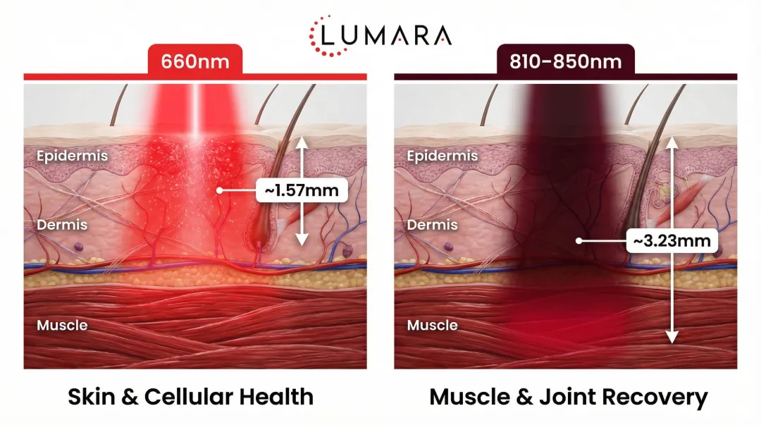 Red light versus near-infrared wavelength skin and muscle tissue penetration depth comparison