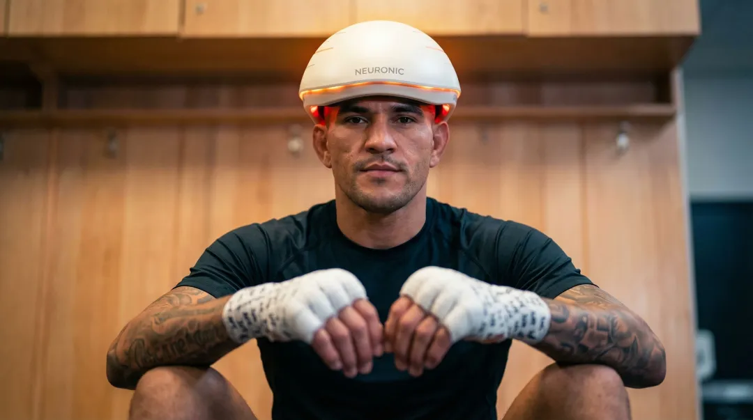 NCAA football player wearing transcranial near-infrared light therapy helmet device