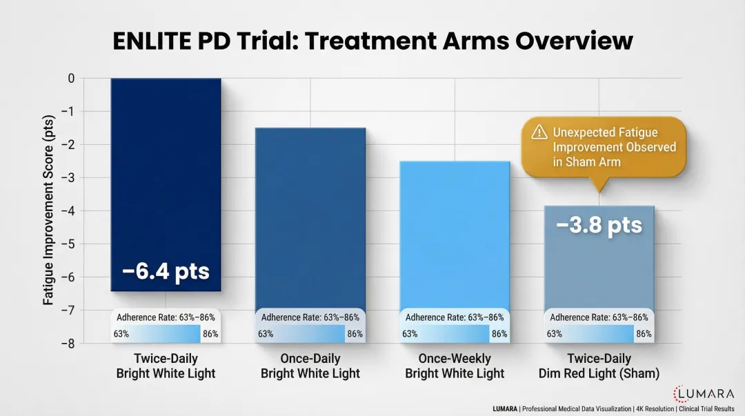 ENLITE PD trial four-arm design with fatigue improvement scores comparison chart