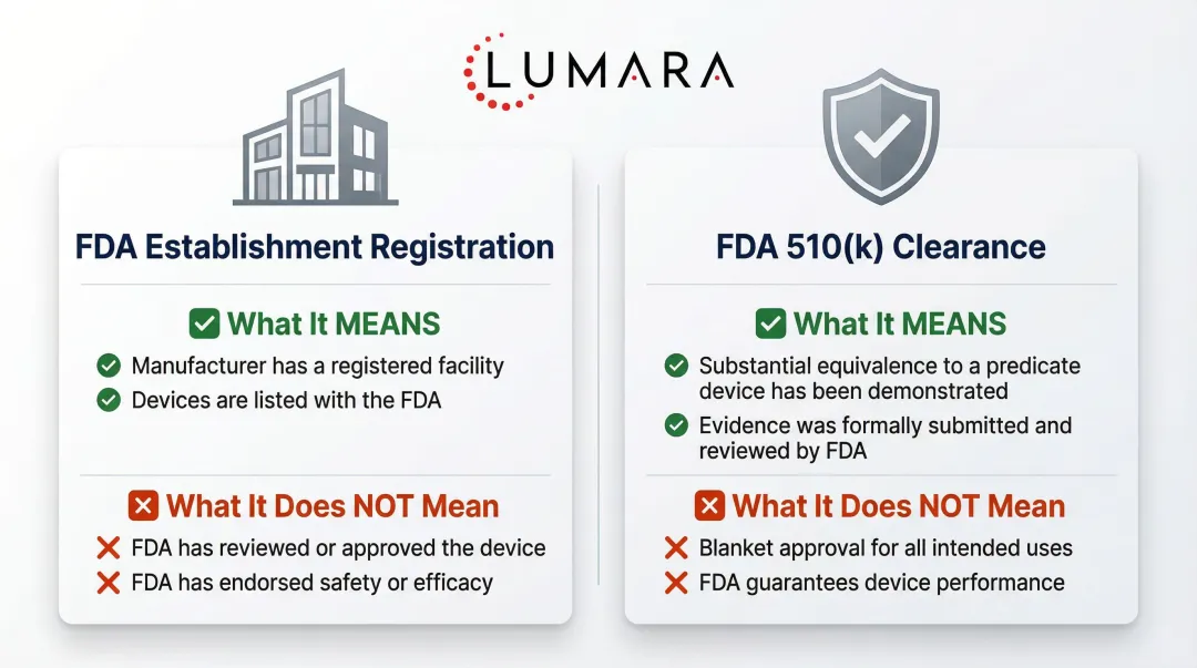 FDA establishment registration versus 510k clearance side-by-side comparison infographic