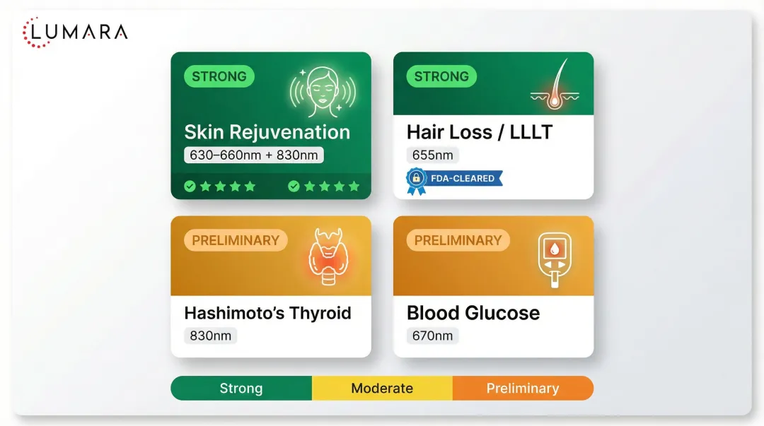 Red light therapy evidence strength comparison across skin hair thyroid and metabolic conditions