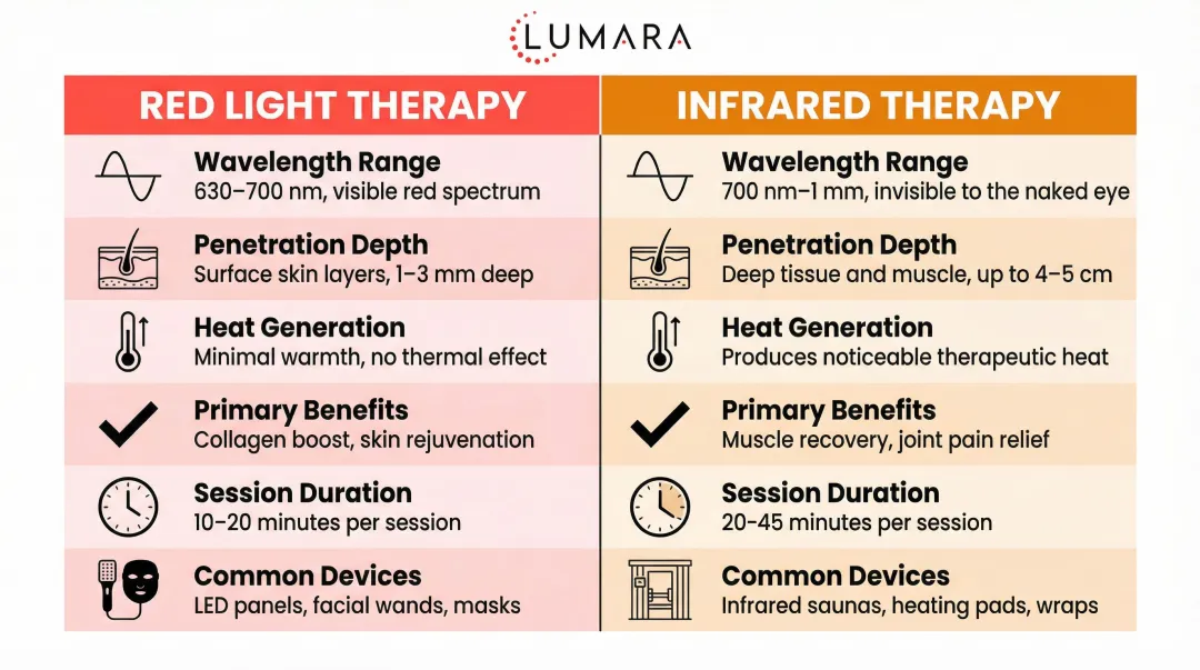 Red light therapy versus infrared therapy side-by-side comparison infographic