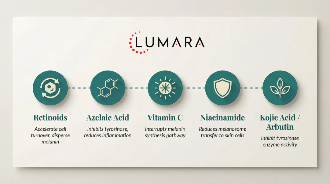 Five first-line topical agents for PIH treatment with mechanisms and benefits