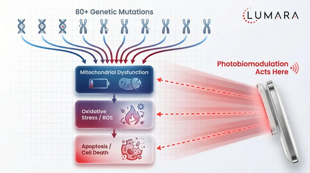 Three shared RP biological pathways targeted by red light therapy infographic