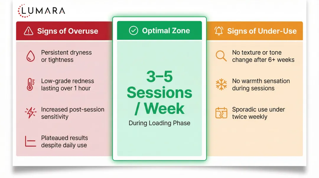 Red light therapy overuse versus under-use warning signs side-by-side comparison chart