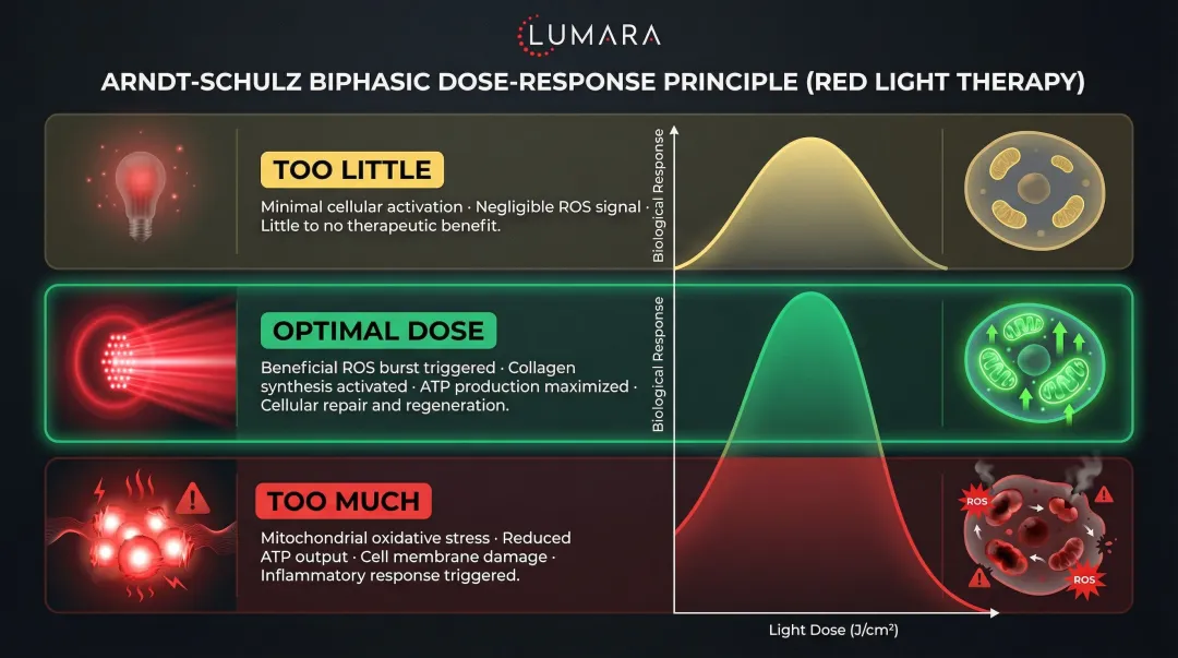 Biphasic dose-response curve showing optimal red light therapy exposure range