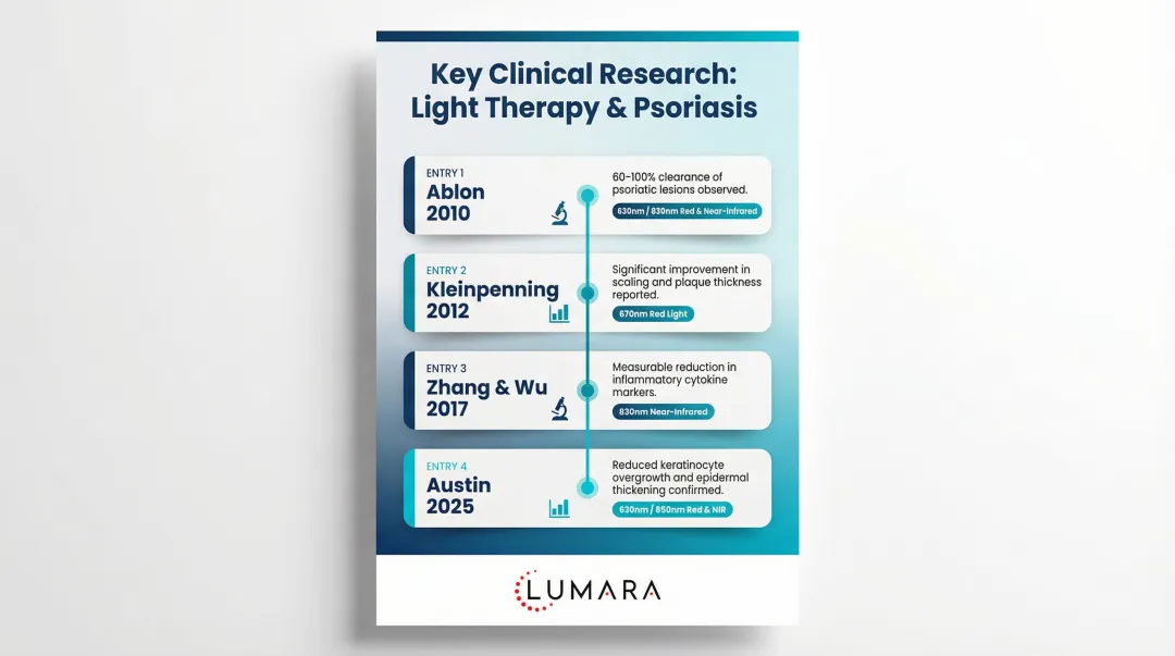 Key red light therapy psoriasis research studies timeline and findings summary