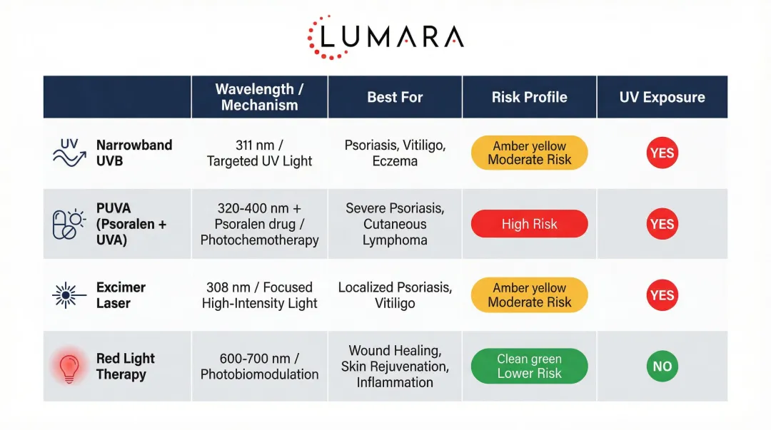 Psoriasis light therapy comparison chart narrowband UVB PUVA excimer versus red light therapy
