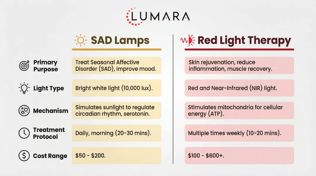 SAD lamps versus red light therapy side-by-side feature comparison infographic