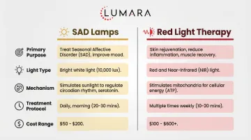 Red light therapy mechanism: 660nm photobiomodulation through skin tissue versus SAD lamp visual pathway