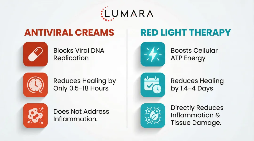 Red light therapy versus antiviral creams cold sore treatment comparison infographic