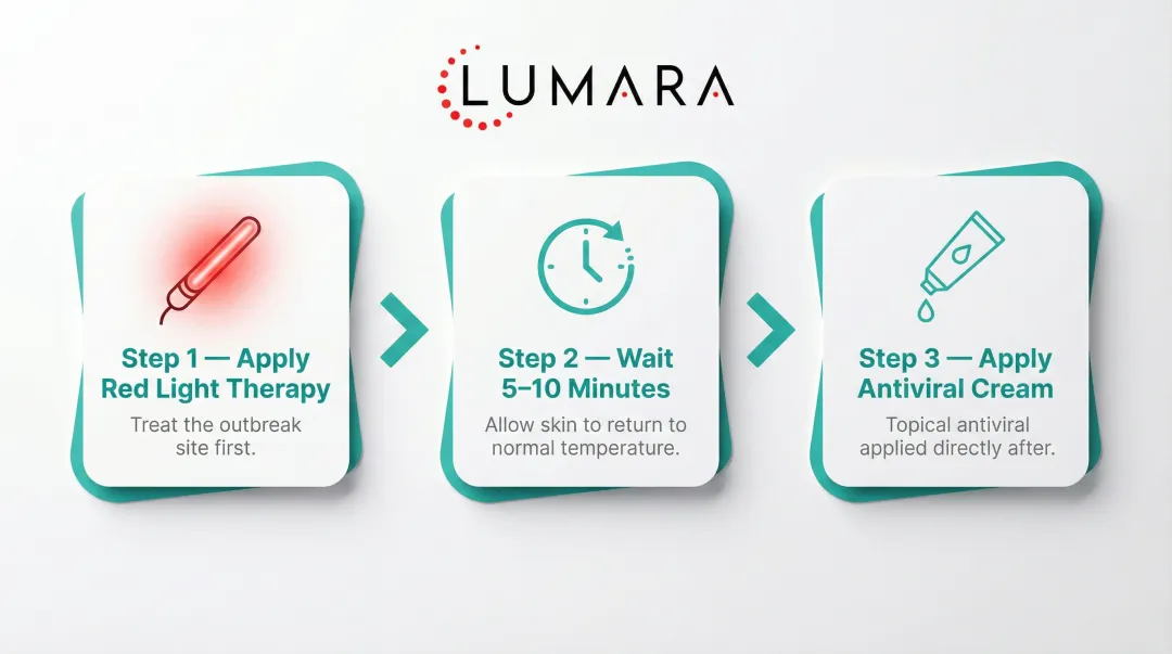 Three-step red light therapy and antiviral cream application sequence process flow