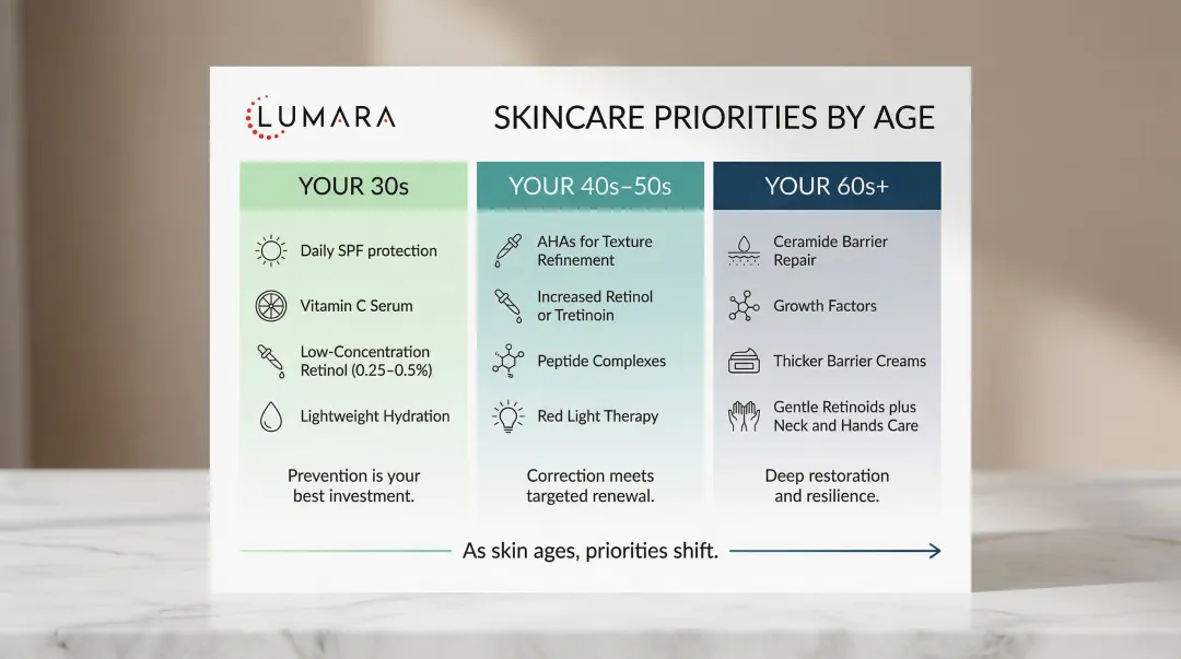 Anti-aging skincare priorities by decade 30s 40s 50s and 60s plus comparison chart