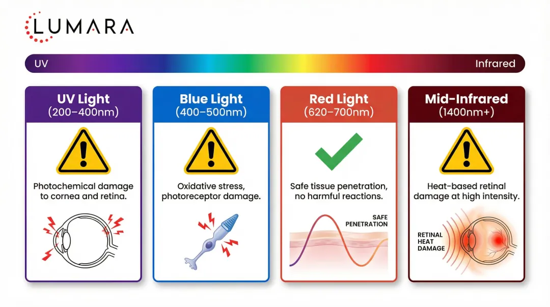 Light spectrum comparison showing UV blue red and infrared wavelength eye damage risks