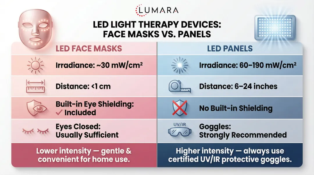 LED face mask versus panel device eye protection comparison chart with key differences