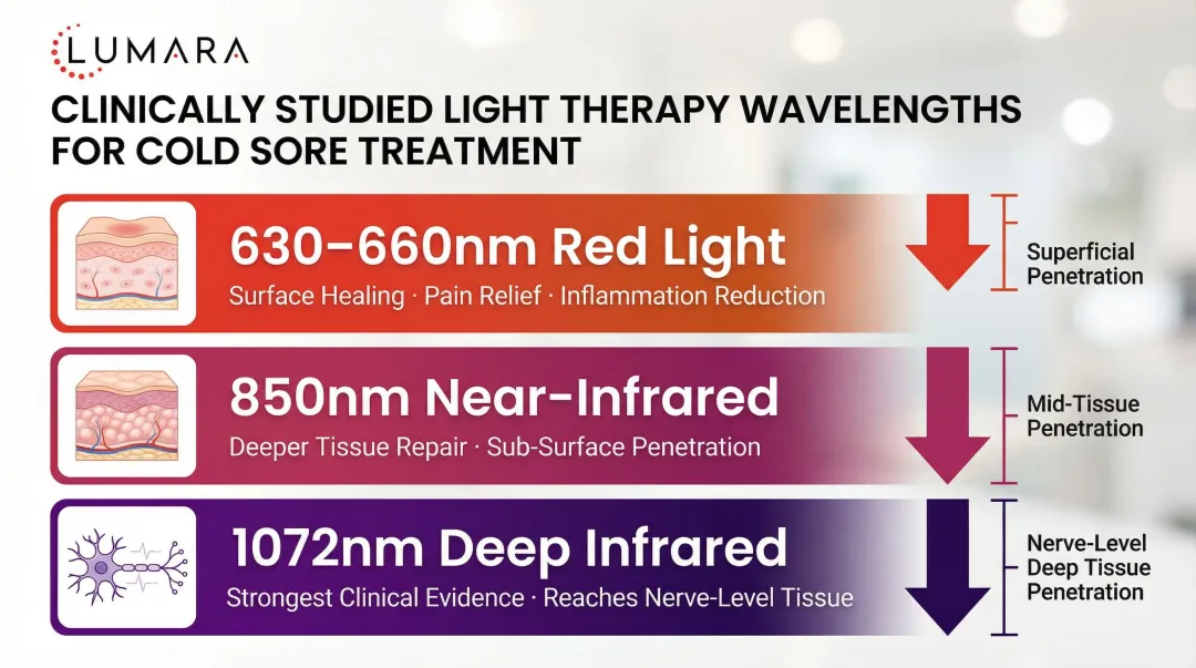 Red light therapy wavelength comparison chart for cold sore treatment effectiveness