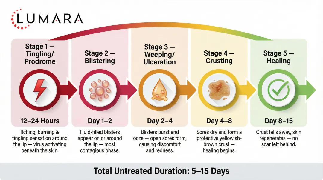 5-stage cold sore progression timeline from tingling to full healing